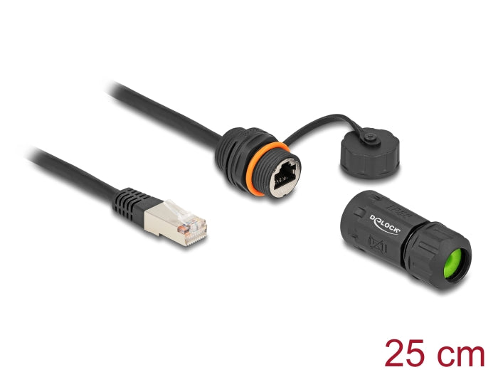 Delock Kabel RJ45 Stecker zu RJ45 Buchse Cat.6A zum Einbau mit M20 Gewinde und Gehäuse IP68 staub- und wasserdicht 25 cm schwarz