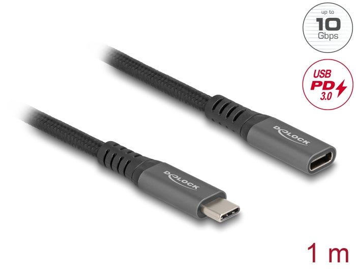Delock USB 10 Gbps Verlängerungskabel USB Type-C™ Stecker zu Buchse PD 3.0 100 W 1 m grau Metall