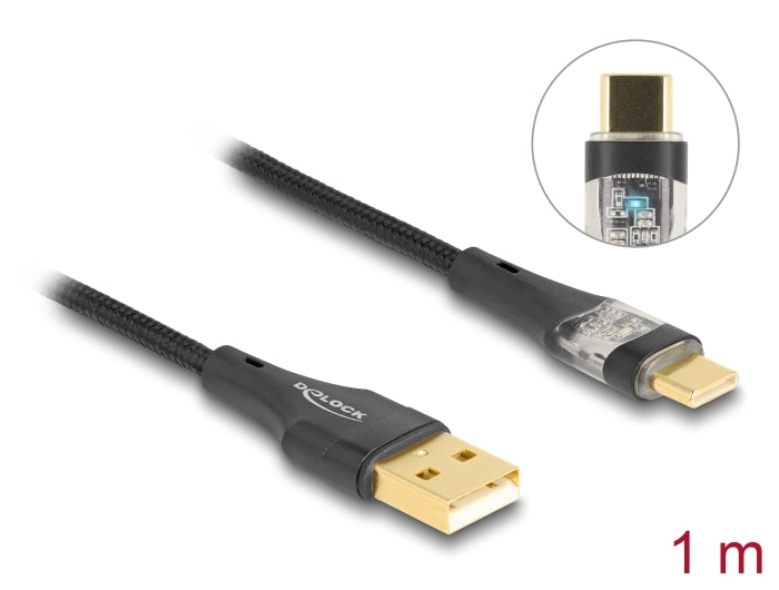 Delock USB 2.0 Kabel Typ-A Stecker zu USB Type-C™ Stecker mit Schnellladefunktion 60 W transparent 1 m