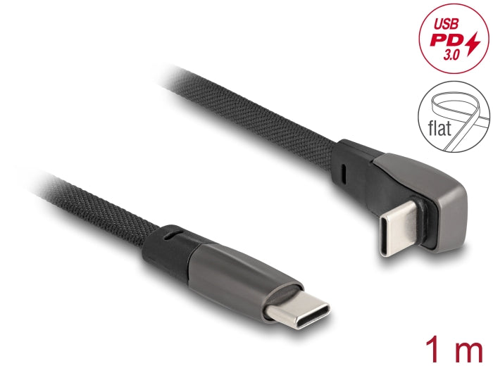 Delock USB 2.0 Flachbandkabel USB Type-C™ Stecker zu USB Type-C™ Stecker gewinkelt PD 3.0 60 W 1 m schwarz