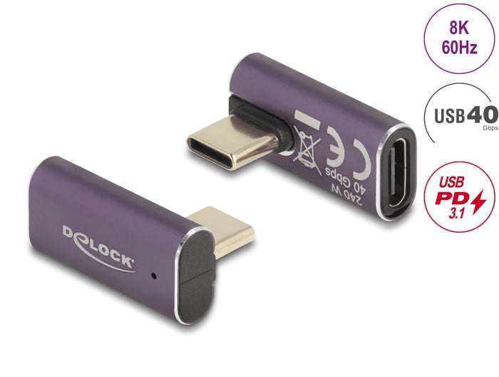 Delock USB Adapter 40 Gbps USB Type-C™ PD 3.1 240 W Stecker zu Buchse gedreht gewinkelt links / rechts 8K 60 Hz Metall