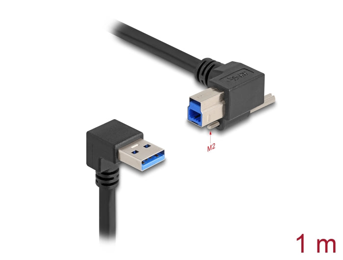 Delock USB 5 Gbps Kabel USB Typ-A Stecker 90° nach unten gewinkelt zu USB Typ-B Stecker mit Schraube 90° nach rechts gewinkelt 1 m schwarz