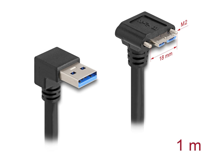 Delock USB 5 Gbps Kabel USB Typ-A Stecker 90° nach unten gewinkelt zu USB Micro-B Stecker mit Schraubenabstand 18 mm 90° nach unten gewinkelt 1 m schwarz