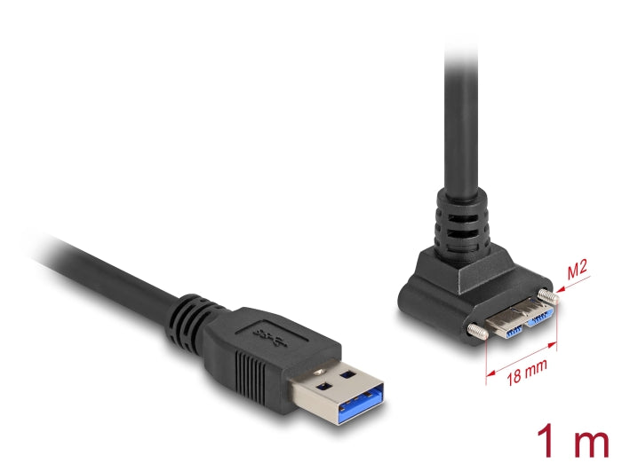 Delock USB 5 Gbps Kabel USB Typ-A Stecker gerade zu USB Micro-B Stecker mit Schraubenabstand 18 mm 90° nach oben gewinkelt 1 m schwarz