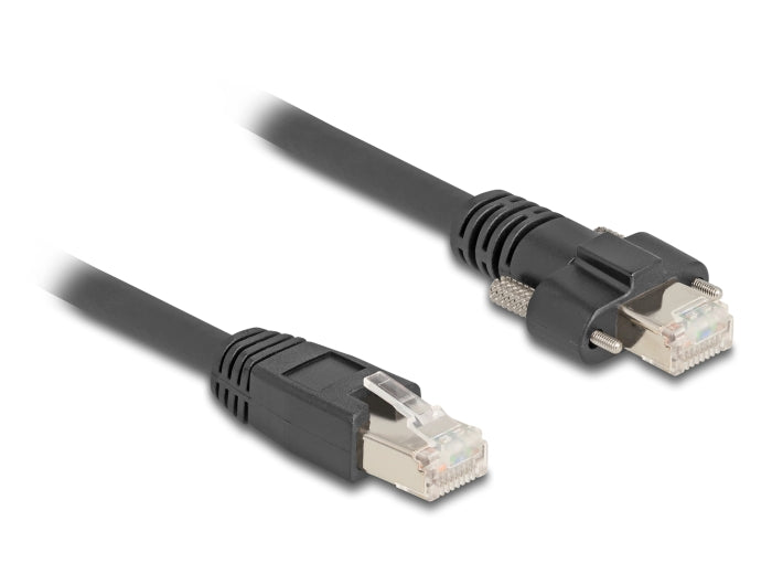 Delock Kabel RJ45 Stecker zu RJ45 Stecker mit Schraubenabstand 20 mm für GigE Kamera Cat.6A S/FTP 1 m schwarz
