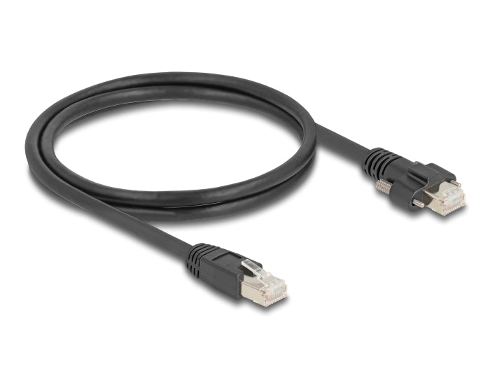 Delock Kabel RJ45 Stecker zu RJ45 Stecker mit Schraubenabstand 20 mm für GigE Kamera Cat.6A S/FTP 1 m schwarz
