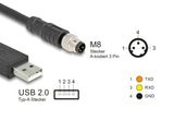 Delock M8 A-kodiert 3 Pin Serielles Anschlusskabel mit FTDI Chipsatz, USB 2.0 Typ-A Stecker zu M8 RS-232 Stecker 1,8 m schwarz