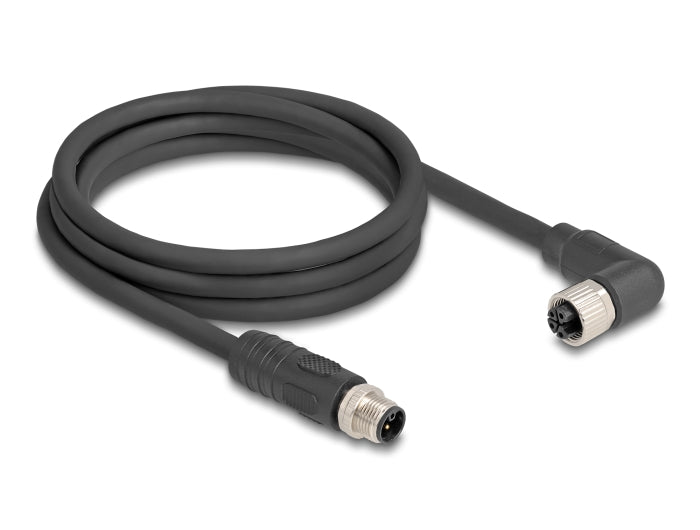 Delock M12 Kabel L-kodiert 4 Pin Stecker gerade zu Buchse rechts gewinkelt PUR schleppkettentauglich 2 m schwarz