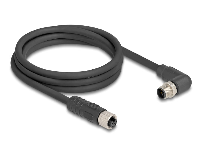Delock M12 Kabel L-kodiert 4 Pin Stecker rechts gewinkelt zu Buchse gerade PUR schleppkettentauglich 2 m schwarz