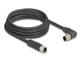 Delock M12 Kabel L-kodiert 4 Pin Stecker rechts gewinkelt zu Buchse gerade PUR schleppkettentauglich 3 m schwarz