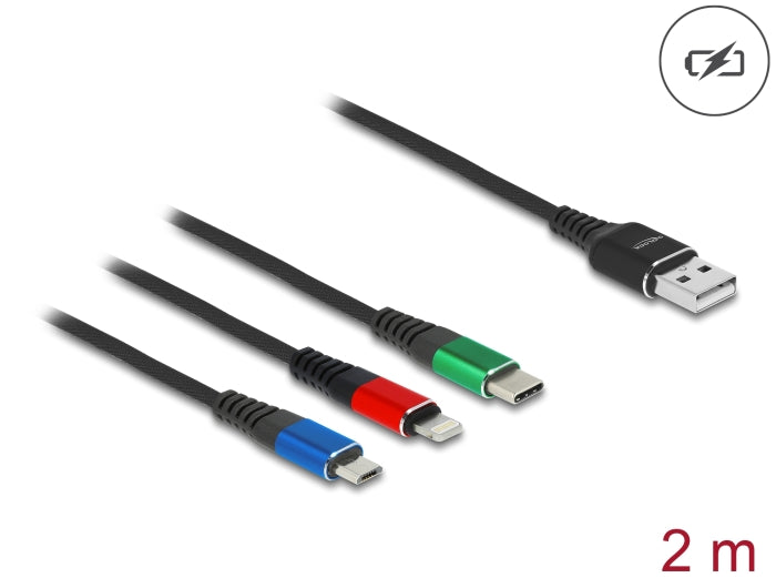 Delock USB Ladekabel 3 in 1 Typ-A zu Lightning™ / Micro USB / USB Type-C™ 2 m 3-farbig
