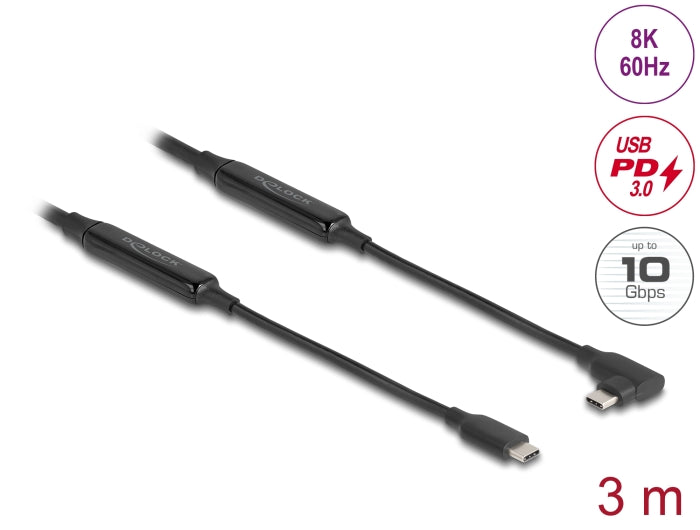 Delock Aktives USB 10 Gbps Kabel USB Type-C™ Stecker zu Stecker gewinkelt links / rechts 3 m 8K PD 60 W mit E-Marker