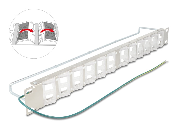 Delock 19″ Keystone Patchpanel mit 24 neigbaren Ports und Entlastungsschiene