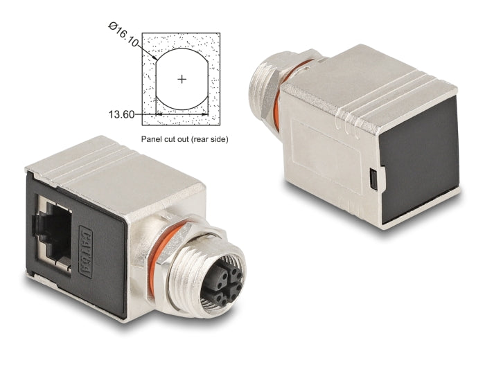 Delock M12 Adapter X-kodiert 8 Pin Buchse zu RJ45 Buchse Cat.6A STP geschirmt 90° gewinkelt