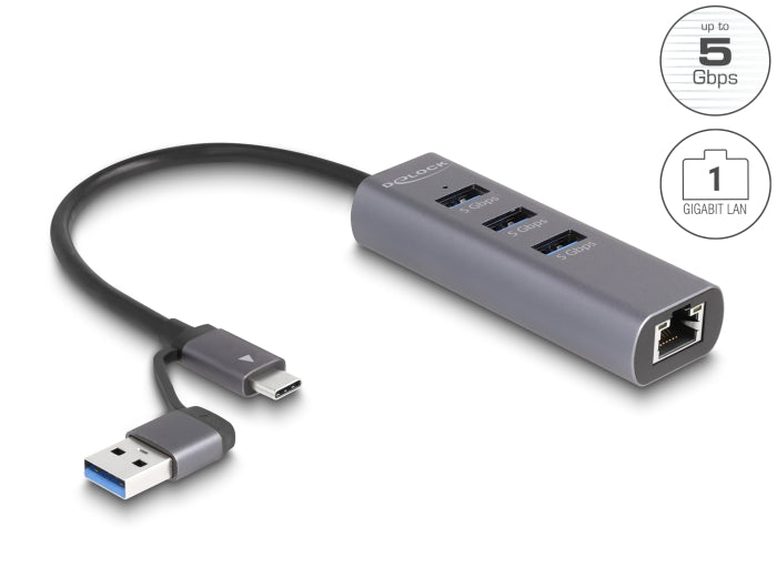 Delock 3 Port USB 5 Gbps Hub + Gigabit LAN mit USB Type-C™ oder USB Typ-A Anschluss im Metallgehäuse