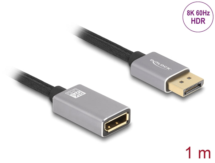 Delock DisplayPort Verlängerungskabel 8K 60 Hz 1 m grau Metall ohne Einrastfunktion