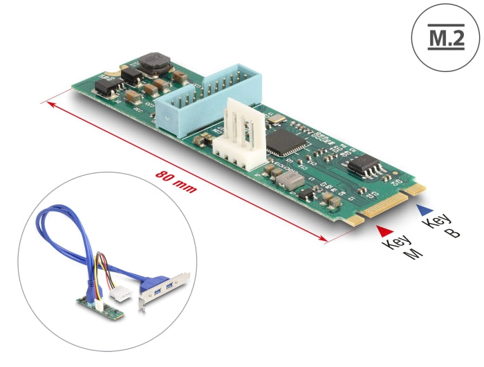 Delock Konverter M.2 Key B+M Stecker zu 2 x USB 5 Gbps Typ-A Buchse mit 50 cm Kabel