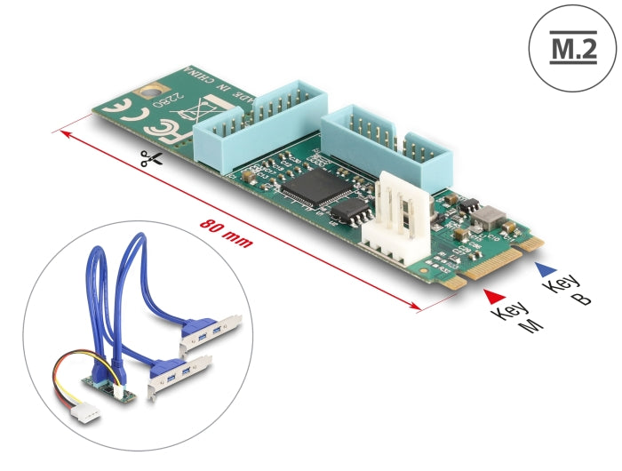 Delock Konverter M.2 Key B+M Stecker zu 4 x USB 5 Gbps Typ-A Buchse mit 50 cm Kabel