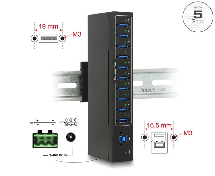 Delock Externer Industrie Hub 10 x USB 5 Gbps Typ-A mit 20 kV ESD Schutz