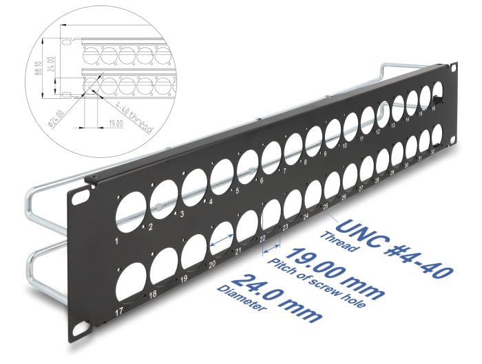 Delock 19″ D-Typ Patchpanel mit Entlastungsschienen 32 Port 2 HE schwarz