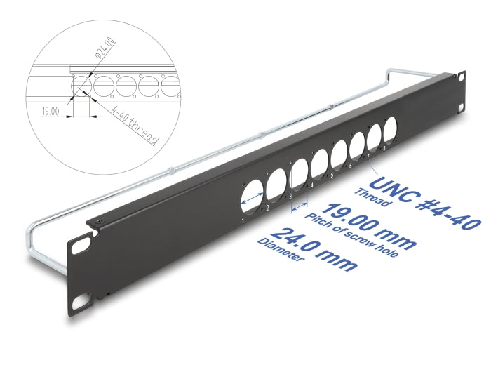 Delock 19″ D-Typ Patchpanel mit Entlastungsschiene 8 Port mittig 1 HE schwarz