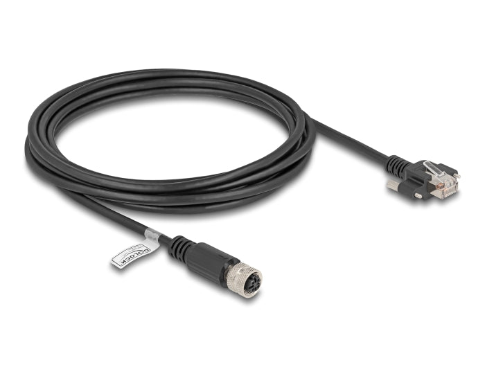 Delock M12 Kabel D-kodiert 4 Pin Buchse zu RJ45 Stecker mit Schrauben Cat.5e FTP 3 m schwarz