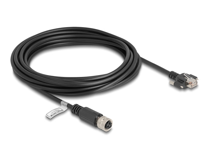 Delock M12 Kabel D-kodiert 4 Pin Buchse zu RJ45 Stecker mit Schrauben Cat.5e FTP 5 m schwarz