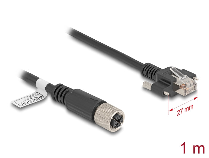 Delock M12 Kabel X-kodiert 8 Pin Buchse zu RJ45 Stecker mit Schrauben Cat.6A S/FTP 1 m schwarz