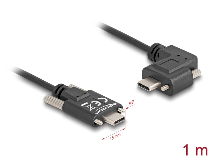Delock USB 2.0 Kabel USB Type-C™ Stecker mit Schrauben zu USB Type-C™ Stecker mit Schrauben gewinkelt links / rechts PD 3.0 60 W 1 m