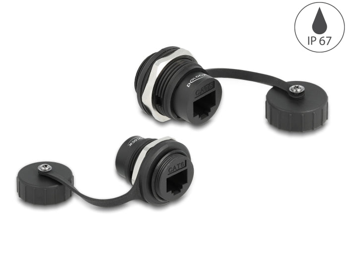 Delock RJ45 Cat.6 Einbaubuchse mit Verschlusskappe IP67 staub- und wasserdicht