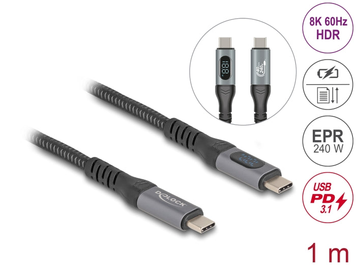 Delock USB 40 Gbps Daten- und Schnellladekabel koaxial 1 m 8K 60 Hz USB PD 3.1 Extended Power Range 240 W