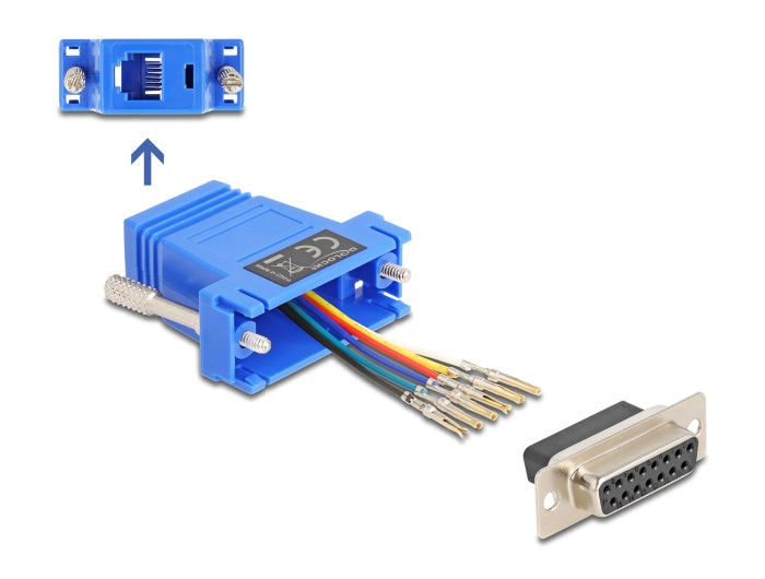 Delock D-Sub 15 Pin Buchse zu RJ12 Buchse Montagesatz blau
