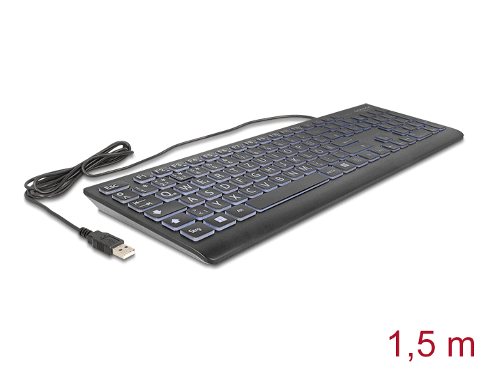 Delock USB Tastatur kabelgebunden 1,5 m schwarz mit XXL Buchstaben und Beleuchtung