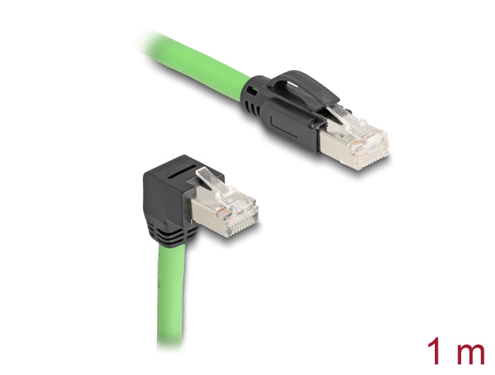 Delock RJ45 Netzwerkkabel Cat.6A Stecker zu Stecker unten gewinkelt SF/UTP schleppkettentauglich PUR (TPU) 1 m grün