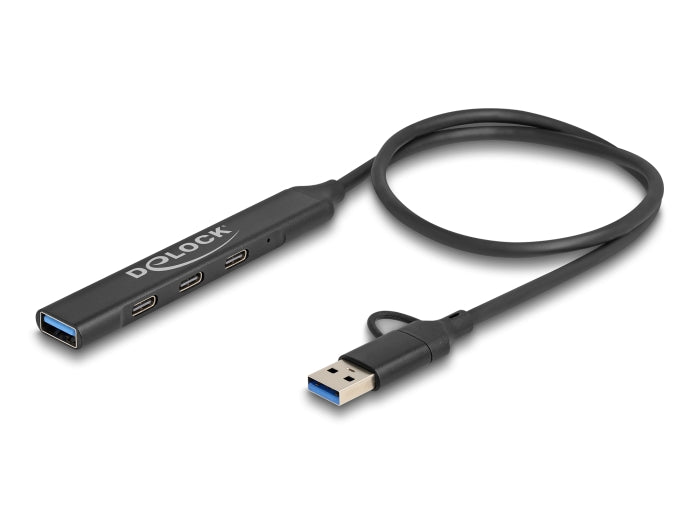 Delock 4 Port Slim USB Hub mit USB Type-C™ oder USB Typ-A zu 3 x USB 5 Gbps USB Type-C™ + 1 x USB 5 Gbps Typ-A