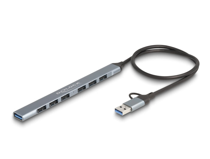 Delock 7 Port Slim USB Hub mit USB Type-C™ oder USB Typ-A zu 1 x USB 5 Gbps Typ-A + 6 x USB 2.0 Typ-A