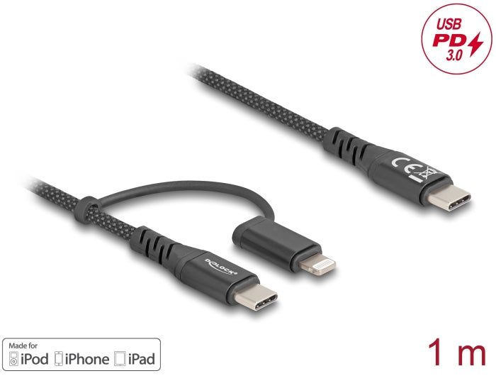 Delock USB Kabel 2 in 1 USB Type-C™ zu USB Type-C™ / Lightning™ für iPhone™ und iPad™ 1 m MFi 60 W