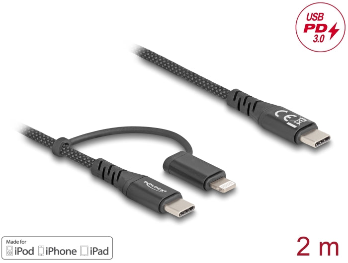 Delock USB Kabel 2 in 1 USB Type-C™ zu USB Type-C™ / Lightning™ für iPhone™ und iPad™ 2 m MFi 60 W