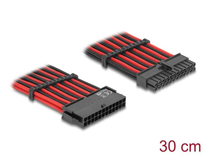 Delock Verlängerungskabel 24 Pin ATX Stecker zu 24 Pin ATX Buchse Textilummantelung rot-schwarz 30 cm