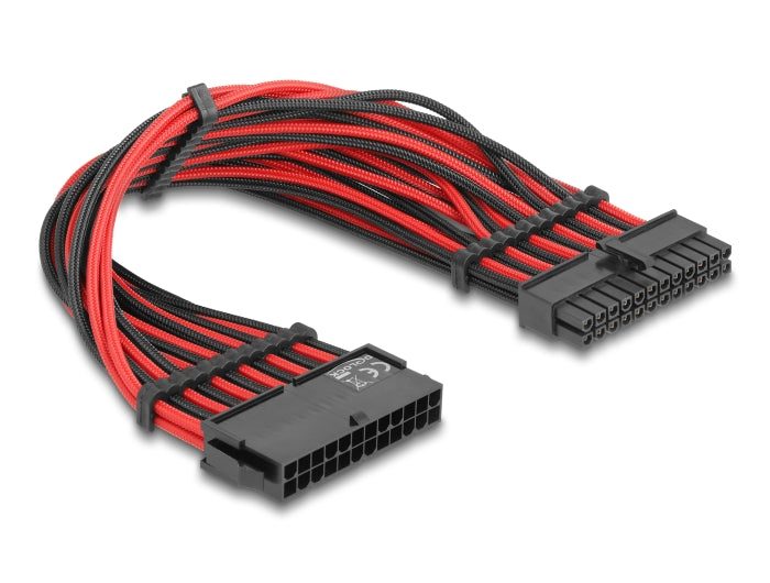 Delock Verlängerungskabel 24 Pin ATX Stecker zu 24 Pin ATX Buchse Textilummantelung rot-schwarz 30 cm