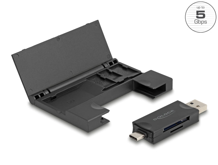Delock Card Reader USB 5 Gbps USB Type-C™ / Typ-A für SD und Micro SD Speicherkarten mit praktischem Speicherkarten Etui - schwarz
