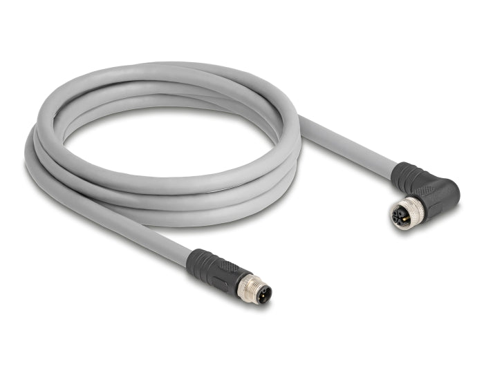 Delock M12 Kabel L-kodiert 5 Pin Stecker gerade zu Buchse rechts gewinkelt PUR schleppkettentauglich 2 m grau