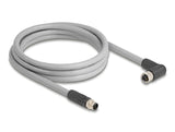 Delock M12 Kabel L-kodiert 5 Pin Stecker gerade zu Buchse rechts gewinkelt PUR schleppkettentauglich 2 m grau