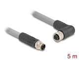 Delock M12 Kabel L-kodiert 5 Pin Stecker gerade zu Buchse rechts gewinkelt PUR schleppkettentauglich 5 m grau