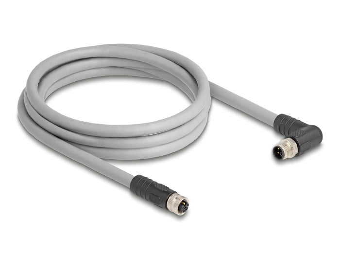 Delock M12 Kabel L-kodiert 5 Pin Stecker rechts gewinkelt zu Buchse gerade PUR schleppkettentauglich 2 m grau