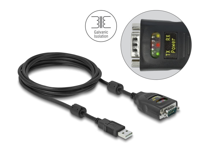 Delock Isolator USB 2.0 Typ-A zu RS-232 D-Sub 9 Stecker galvanische Trennung 2,5 kV 2m