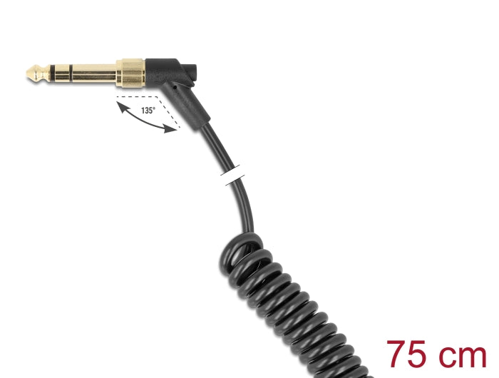 Delock Spiralkabel 3,5 mm 3 Pin Klinkenstecker zu Klinkenstecker gewinkelt mit Schraubadapter zu 6,35 mm 75 cm