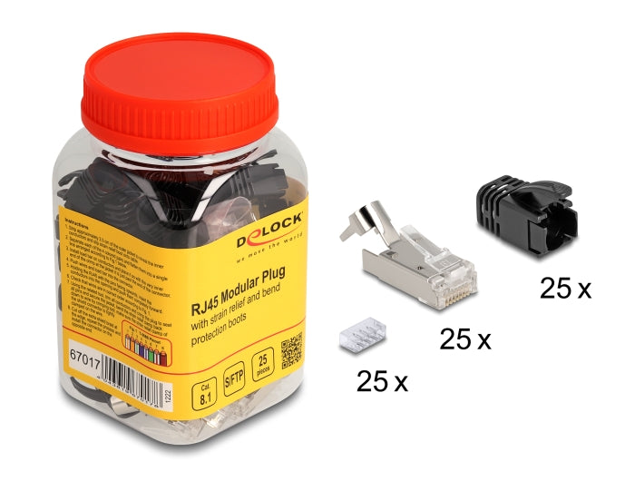 Delock RJ45 Modularer Stecker mit Zugentlastung Cat.8.1 und Knickschutztülle 25er Set