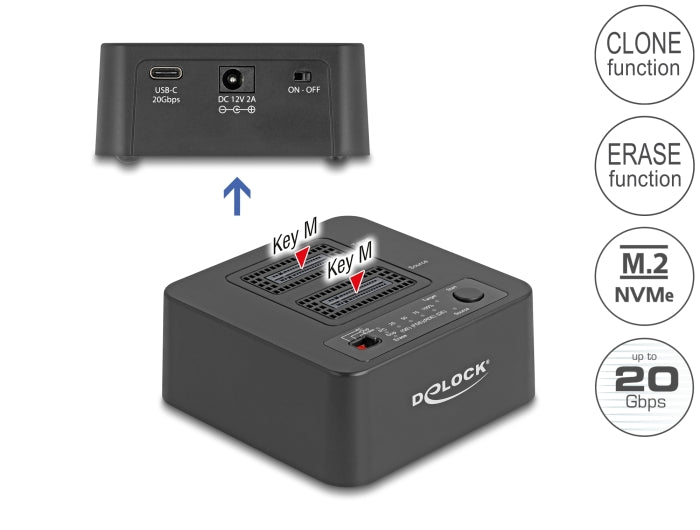 Delock USB 20 Gbps M.2 Dockingstation für 2 x M.2 NVMe PCIe SSD mit Klon- und Löschfunktion