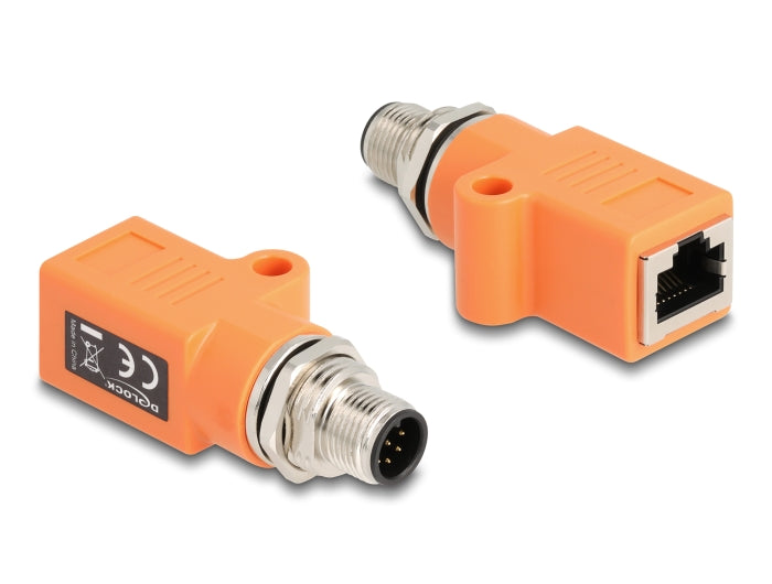 Delock M12 Adapter A-kodiert 8 Pin Stecker zu RJ45 Buchse Cat.5e mit Befestigungsloch gerade orange